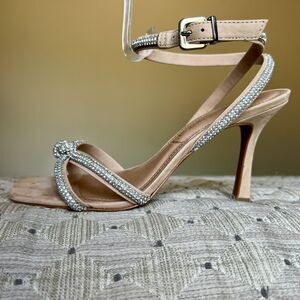 Anthropologie Vicenza Deena Nude Beige  Crystal Embellished Heeled Sandal Size 7